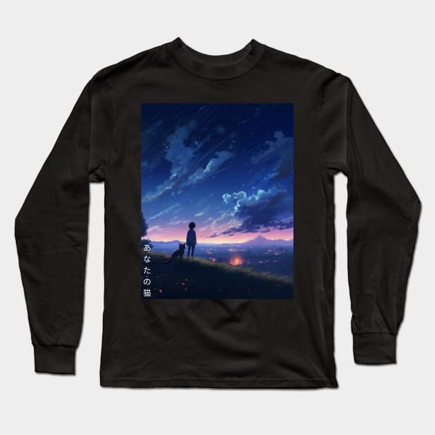 Your Name Anime Inspired Design Cat With Night Sky and Landscape Drawing Makoto Shinkai Long Sleeve T-Shirt by New Otaku 64
